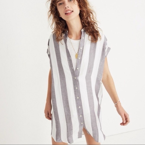 Madewell Coastal Stripe Button Down Linen Dress - Picture 1 of 11